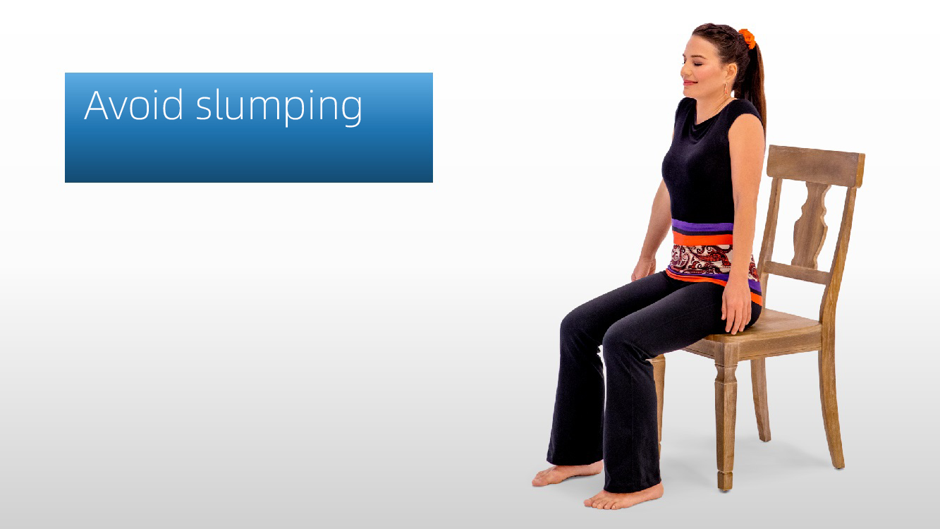 Prohibition symbol over a woman slumping while seated on a chair, demonstrating incorrect posture to avoid during Shoulder Lifts