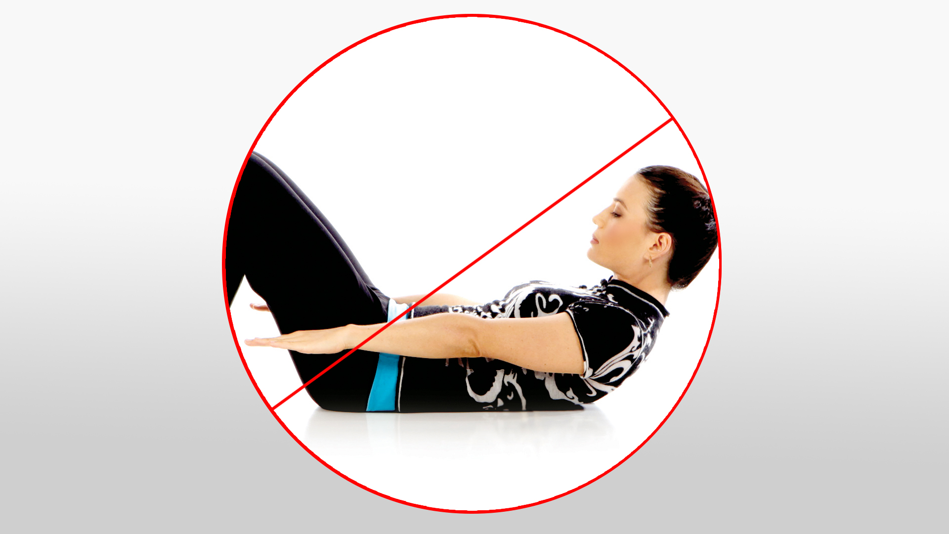 Prohibition symbol over a woman doing a Mini Situp exercise, indicating this should be avoided with diastasis recti