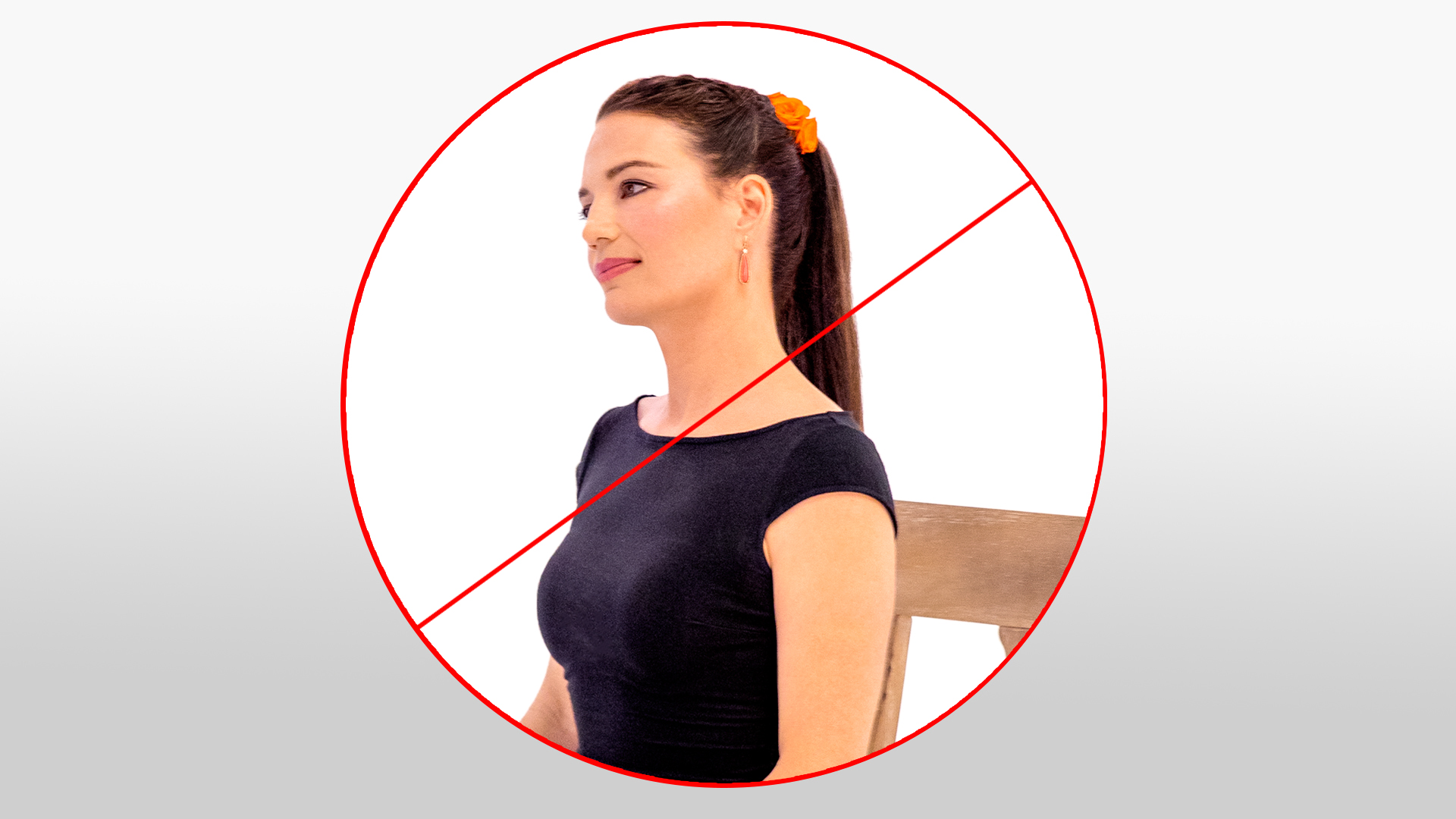 Prohibition symbol over a woman doing neck exercises while seated, indicating these should be avoided with rheumatoid arthritis of the neck